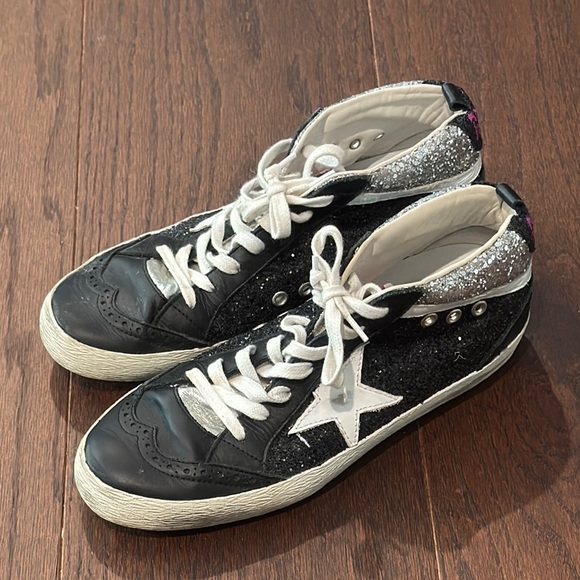Golden Goose Black and Silver Glitter Mid Top Sneakers Size 39/9 - Picture 1 of 6